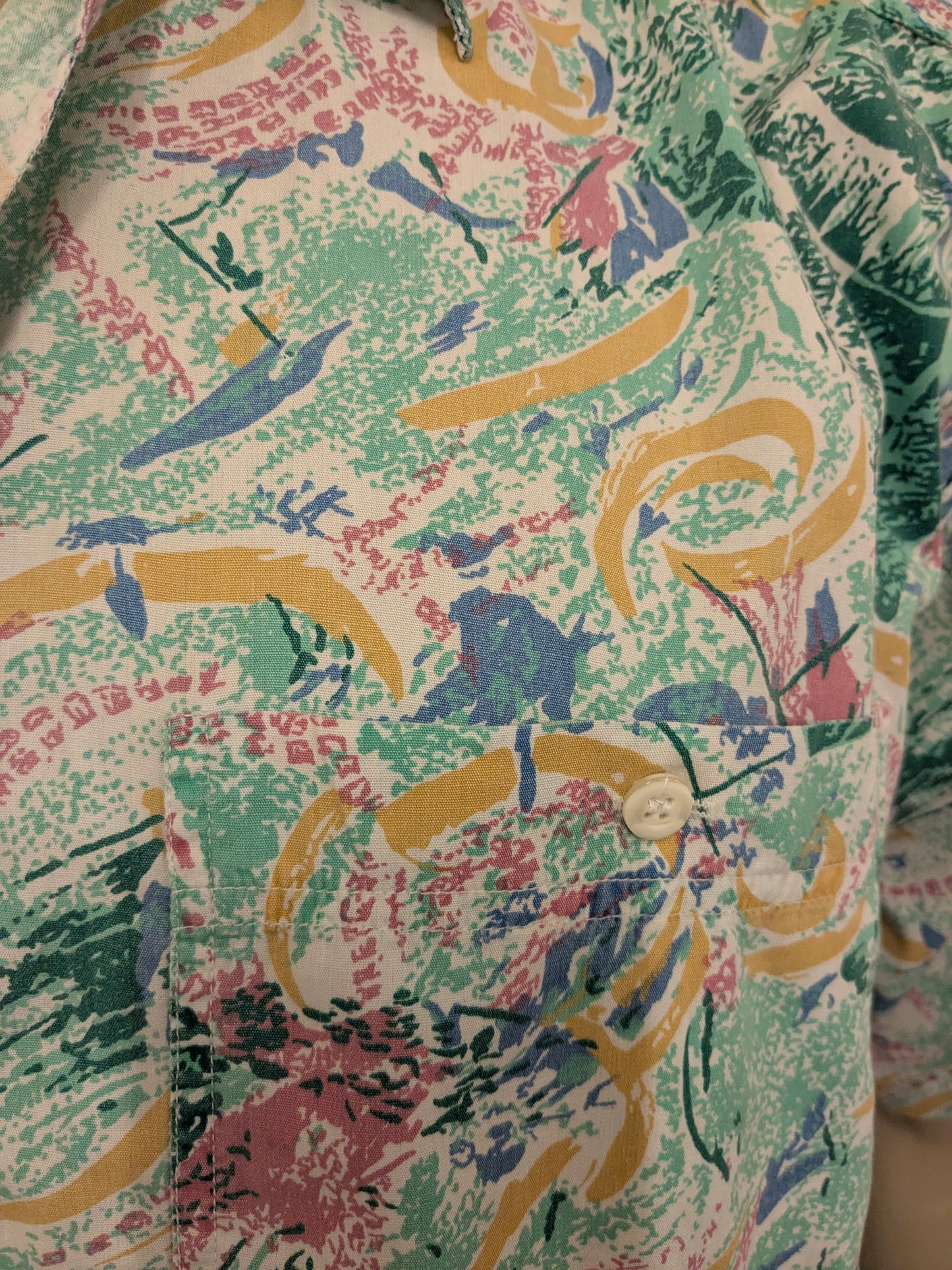 Vintage Liberty 80-90's overhemd korte mouw. Groen Roze Blauwe print. Maat 2XL / XXL.