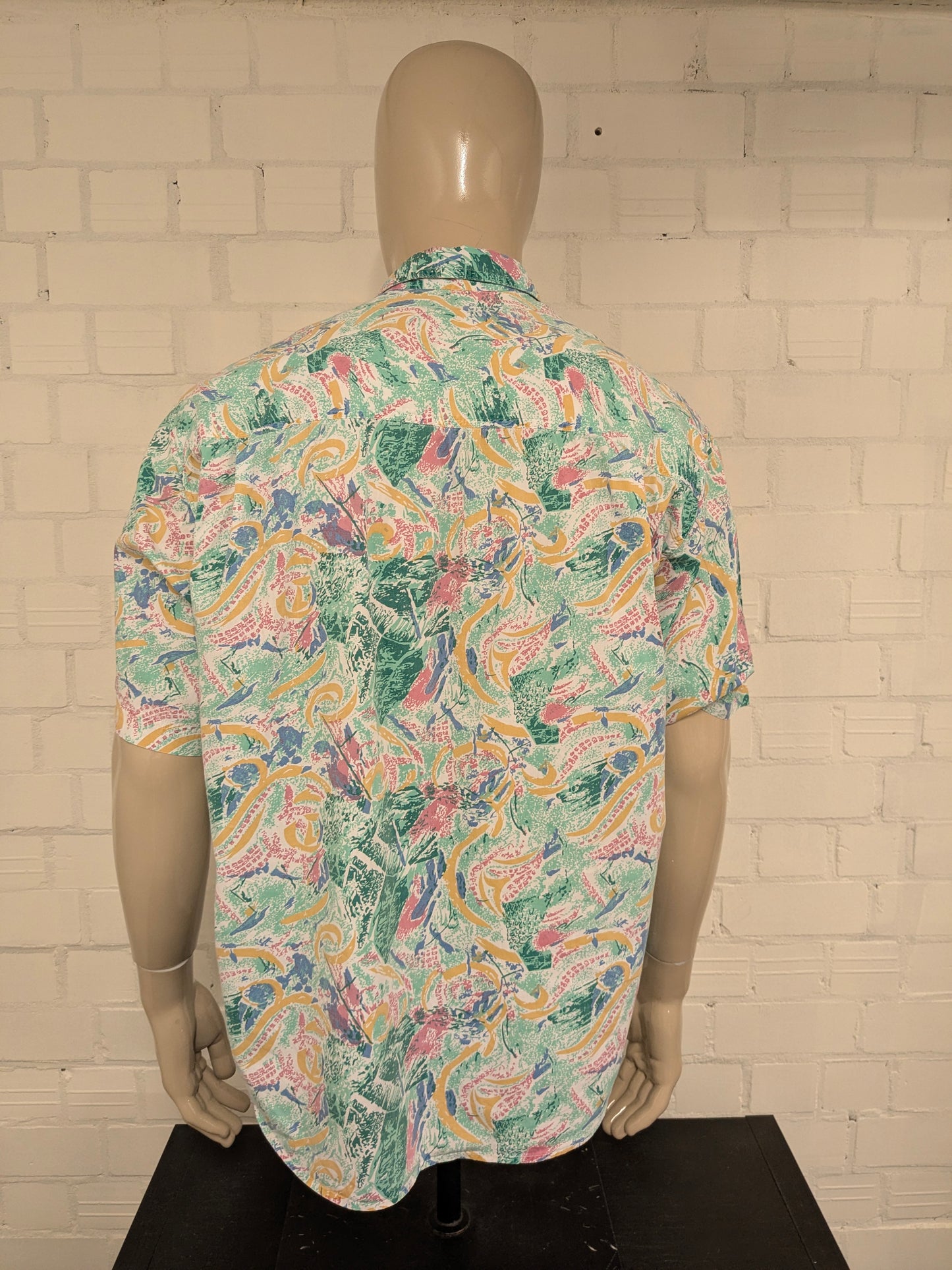 Vintage Liberty 80-90's overhemd korte mouw. Groen Roze Blauwe print. Maat 2XL / XXL.