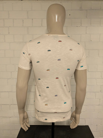 Kultivate shirt. Beige gemêleerd met auto print. Maat XS.
