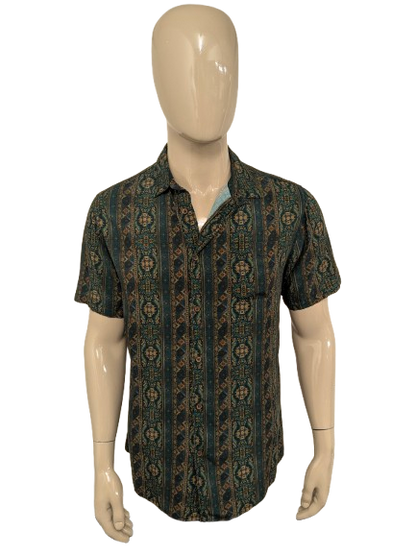 Common Need overhemd korte mouw. Groen Bruine print. Maat M.