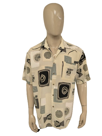 Vintage Callan 80-90's overhemd korte mouw. Beige Grijs Zwarte print. Maat XL.