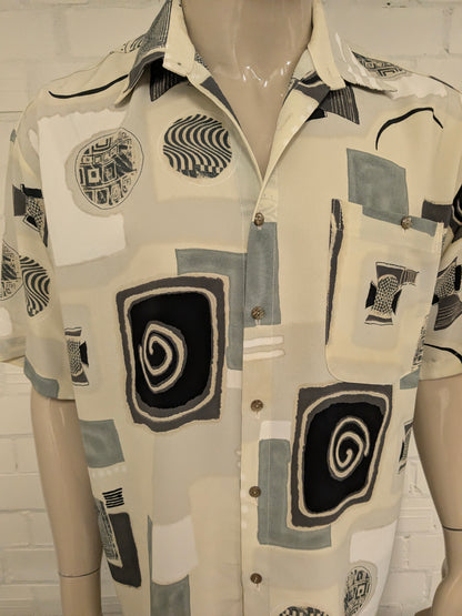Vintage Callan 80-90's overhemd korte mouw. Beige Grijs Zwarte print. Maat XL.
