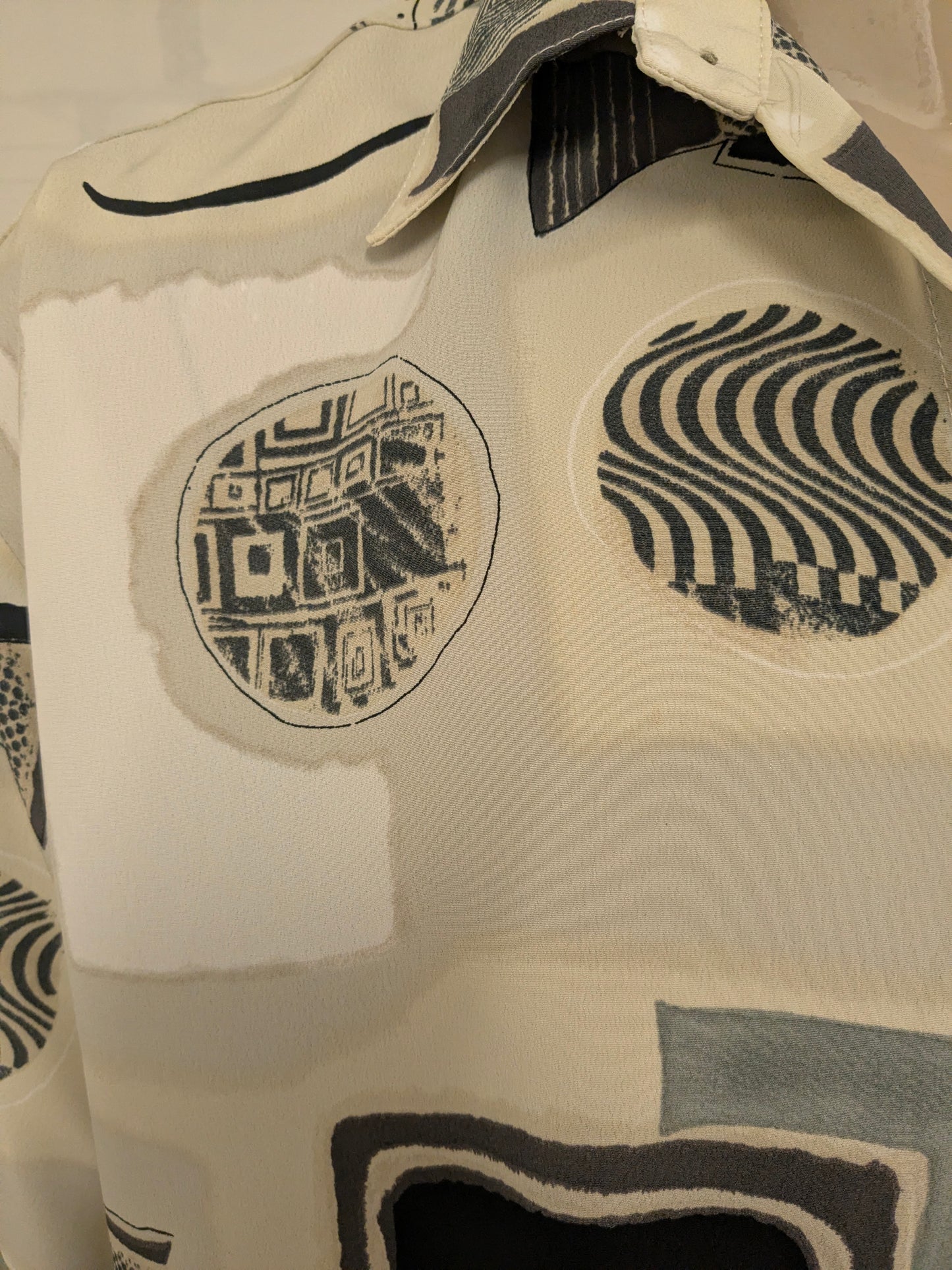 Vintage Callan 80-90's overhemd korte mouw. Beige Grijs Zwarte print. Maat XL.
