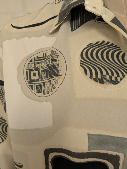 Vintage Callan 80-90's overhemd korte mouw. Beige Grijs Zwarte print. Maat XL.