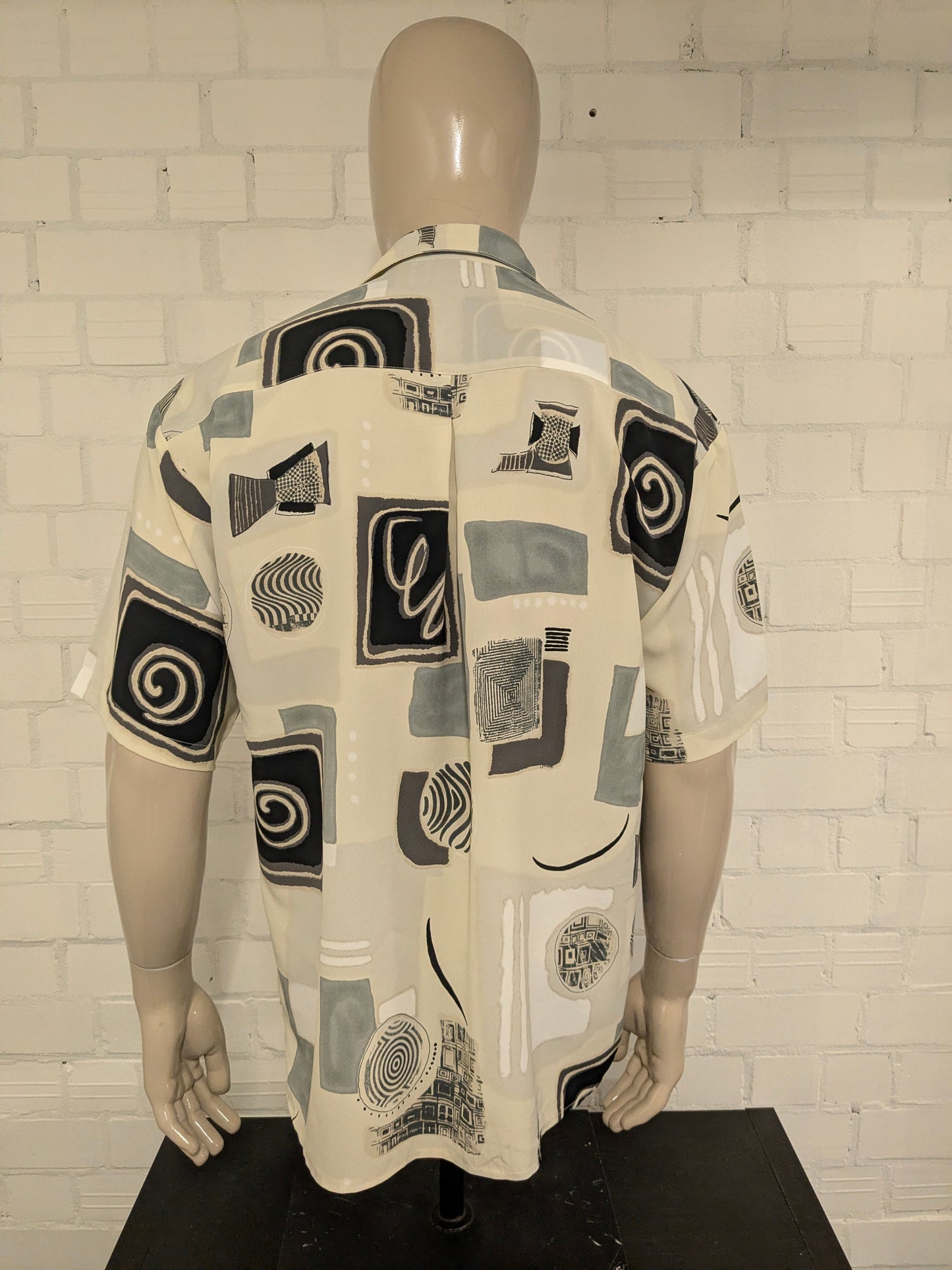 Vintage Callan 80-90's overhemd korte mouw. Beige Grijs Zwarte print. Maat XL.