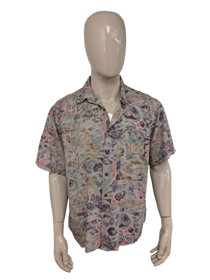 Vintage Play Back 80-90er Kurzarmshirt. Braun-Lila-Gelb-Grün-Druck. Größe 2XL / XXL.