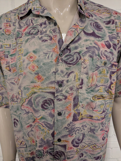 Vintage Play Back 80-90's overhemd korte mouw. Bruin Paars Geel Groene print. Maat 2XL / XXL.