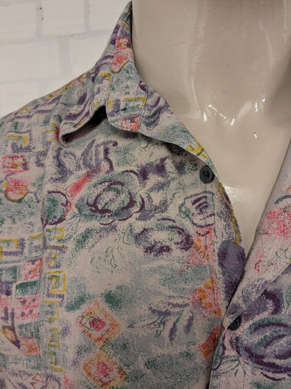 Vintage Play Back 80-90's overhemd korte mouw. Bruin Paars Geel Groene print. Maat 2XL / XXL.