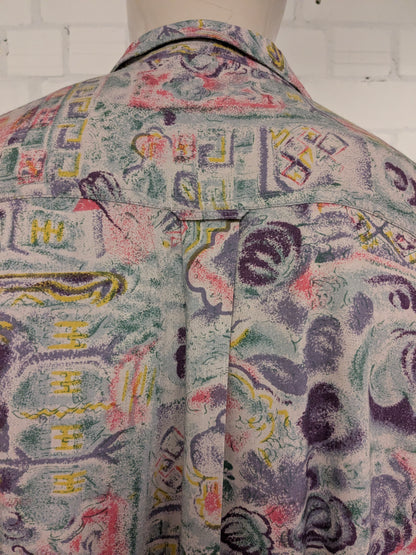 Vintage Play Back 80-90's overhemd korte mouw. Bruin Paars Geel Groene print. Maat 2XL / XXL.