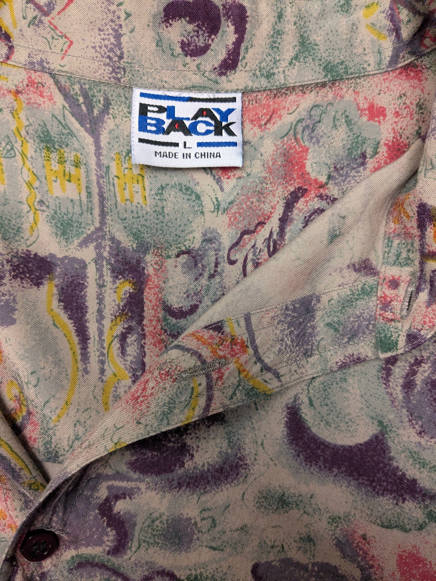 Vintage Play Back 80-90's overhemd korte mouw. Bruin Paars Geel Groene print. Maat 2XL / XXL.