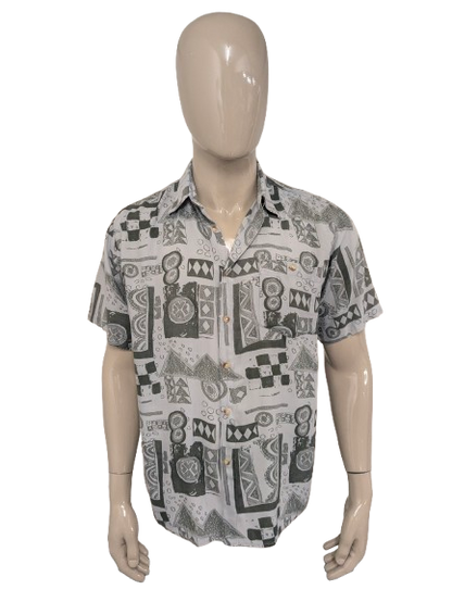 Vintage Blue Collection 80-90's overhemd korte mouw. Grijs met print. Maat XL.