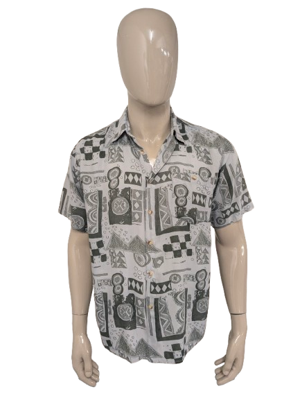 Vintage Blue Collection 80-90's overhemd korte mouw. Grijs met print. Maat XL.