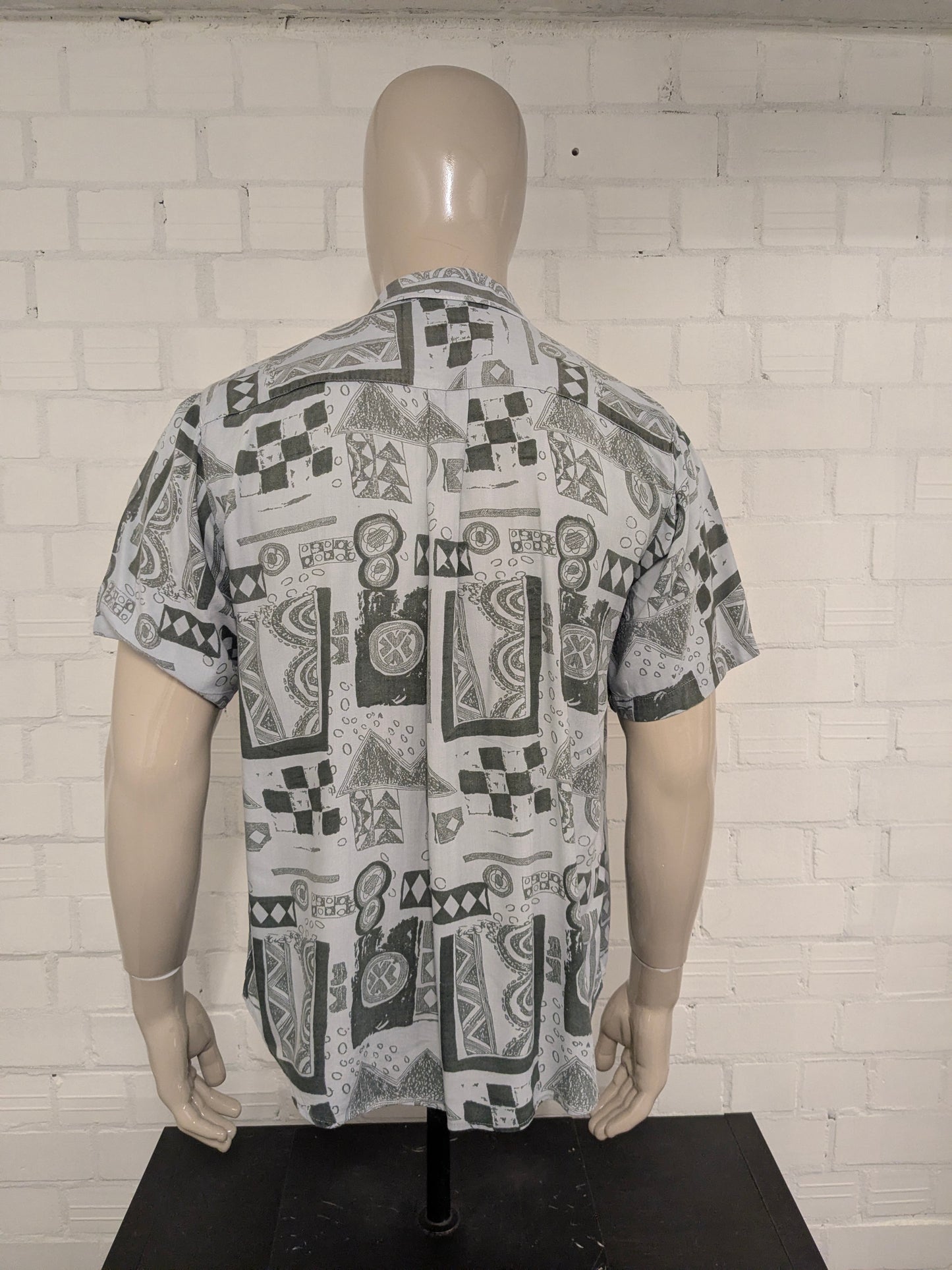 Vintage Blue Collection 80-90's overhemd korte mouw. Grijs met print. Maat XL.