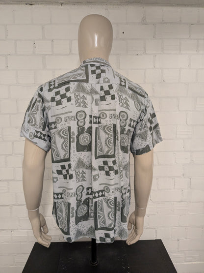 Vintage Blue Collection 80-90's overhemd korte mouw. Grijs met print. Maat XL.