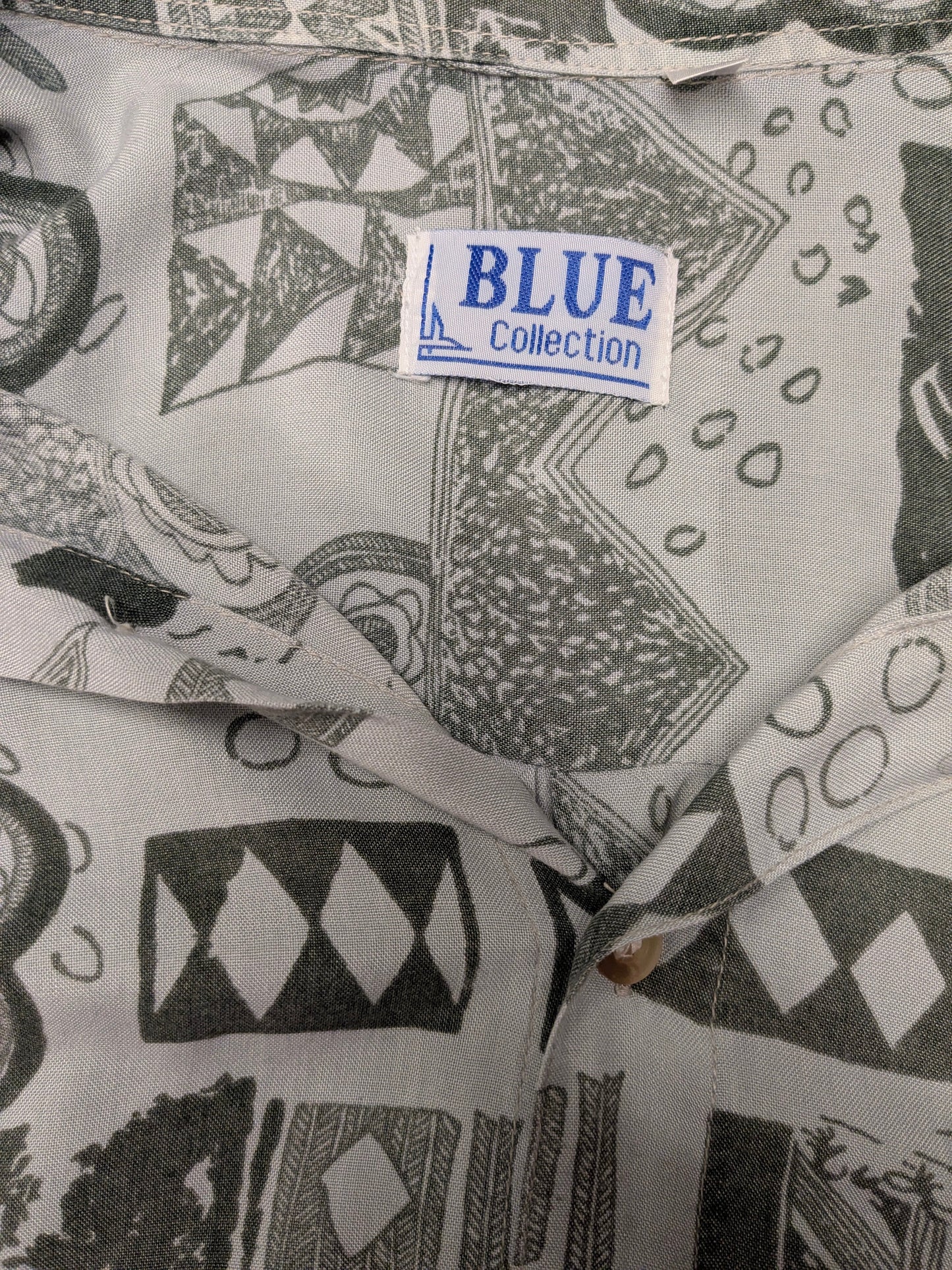 Vintage Blue Collection 80-90's overhemd korte mouw. Grijs met print. Maat XL.