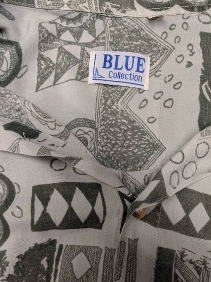 Vintage Blue Collection 80-90's overhemd korte mouw. Grijs met print. Maat XL.