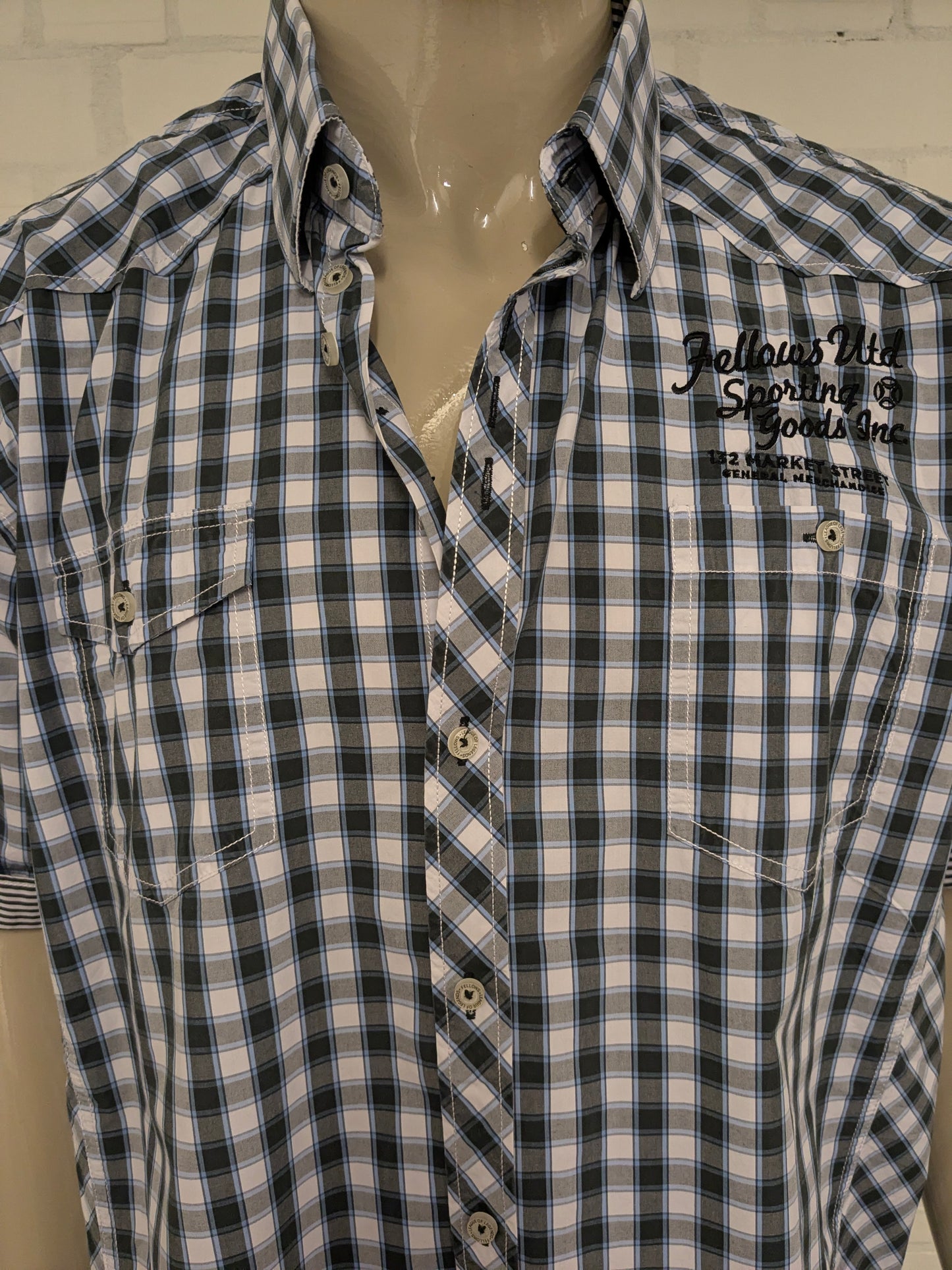Fellows United overhemd korte mouw. Grijs Zwart Blauwe print. Maat 3XL / XXXL.