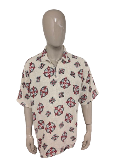 Vintage Tramontana polo met rits. Beige Rood Blauw Zwarte print. Maat 3XL / XXXL.