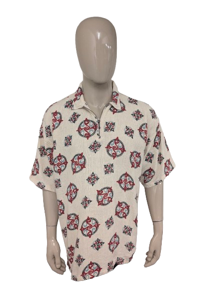 Vintage Tramontana polo met rits. Beige Rood Blauw Zwarte print. Maat 3XL / XXXL.