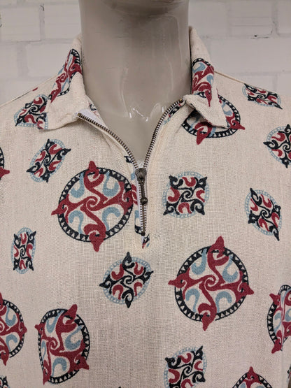 Vintage Tramontana polo met rits. Beige Rood Blauw Zwarte print. Maat 3XL / XXXL.