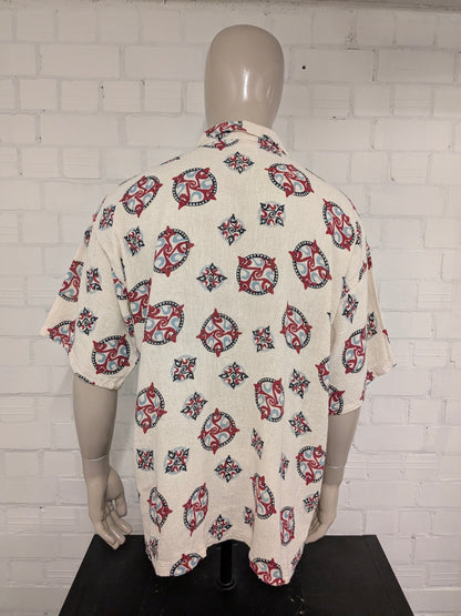 Vintage Tramontana polo met rits. Beige Rood Blauw Zwarte print. Maat 3XL / XXXL.