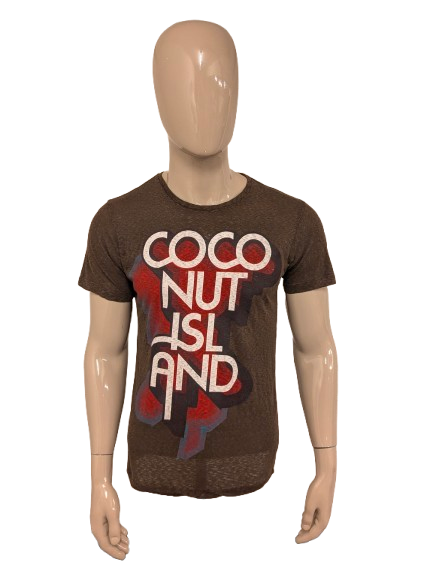 Coconut Island shirt. Bruin gemêleerd met opdruk. Maat L.