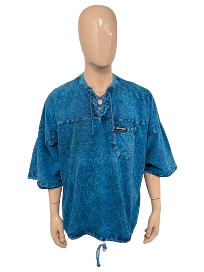 Vintage Ezze Wear polo met touwtjes en elastische band. Blauw Zwart gemêleerd. Maat 3XL / XXXL.