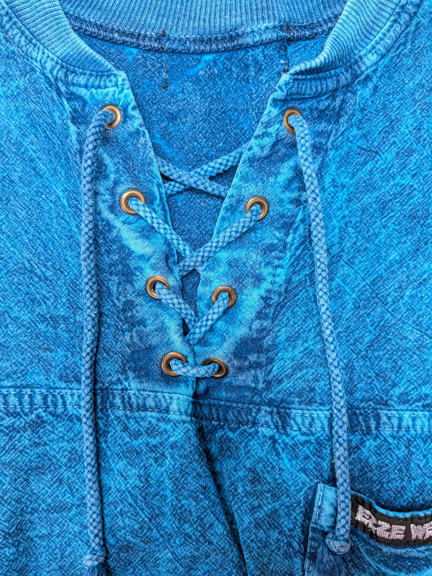 Vintage Ezze Wear polo met touwtjes en elastische band. Blauw Zwart gemêleerd. Maat 3XL / XXXL.