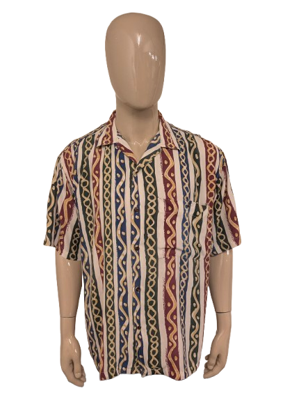 Vintage Pepe 80-90's overhemd korte mouw. Bordeaux Groen Blauwe print. Maat 2XL / XXL.