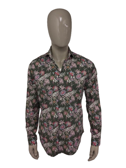 Blue Industry overhemd. Groen Roze Blauwe bloemen print. Maat L. stretch.
