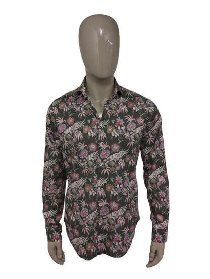 Blue Industry overhemd. Groen Roze Blauwe bloemen print. Maat L. stretch.