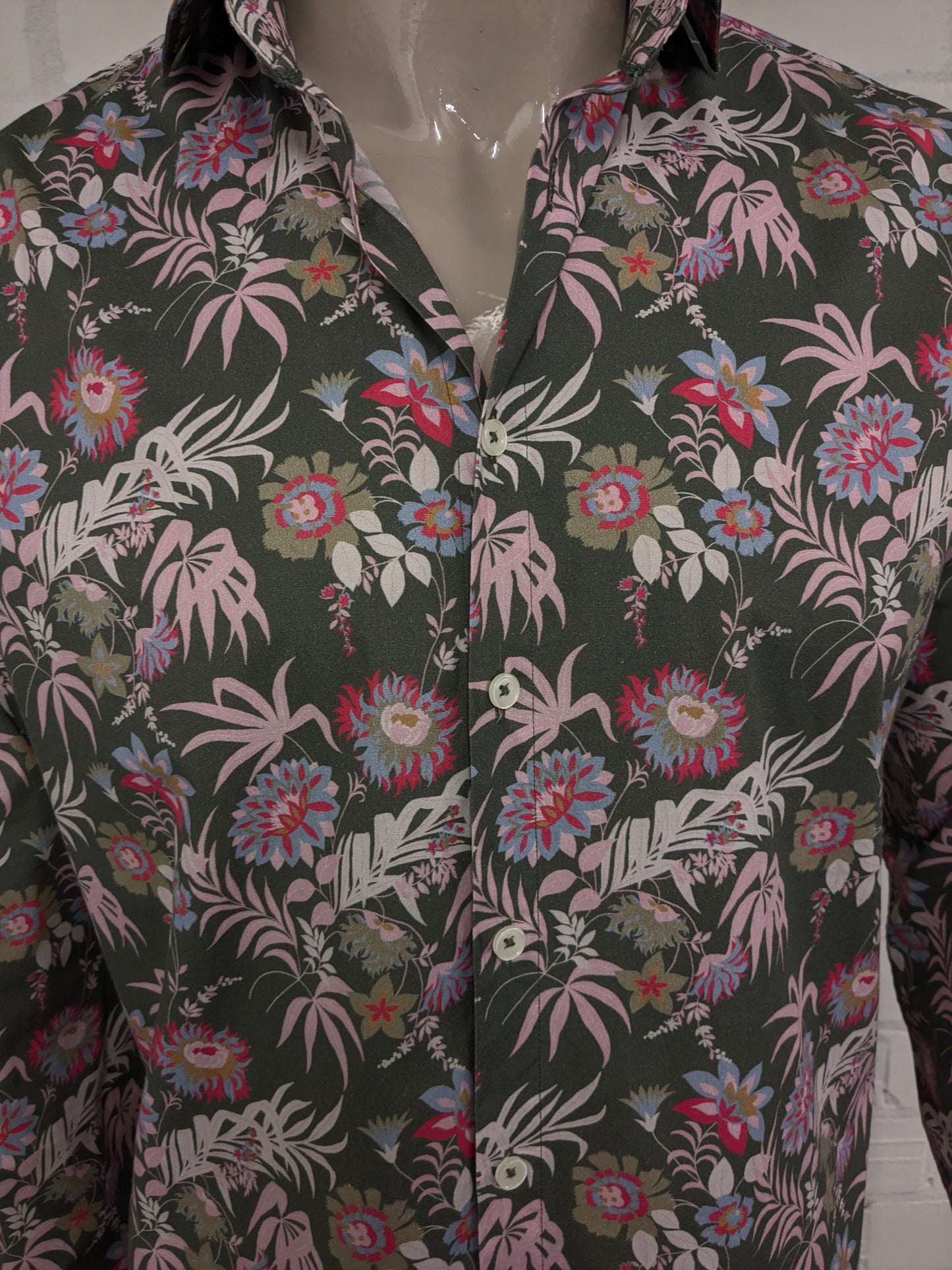 Blue Industry overhemd. Groen Roze Blauwe bloemen print. Maat L. stretch.