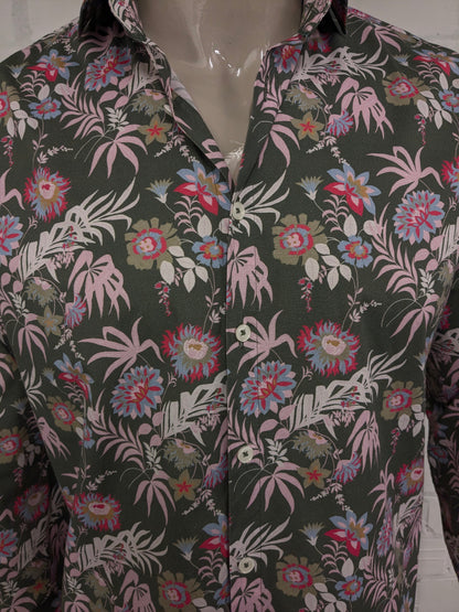 Blue Industry overhemd. Groen Roze Blauwe bloemen print. Maat L. stretch.