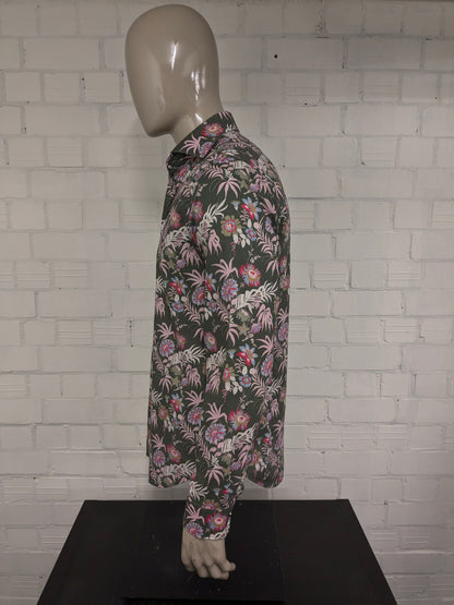 Blue Industry overhemd. Groen Roze Blauwe bloemen print. Maat L. stretch.