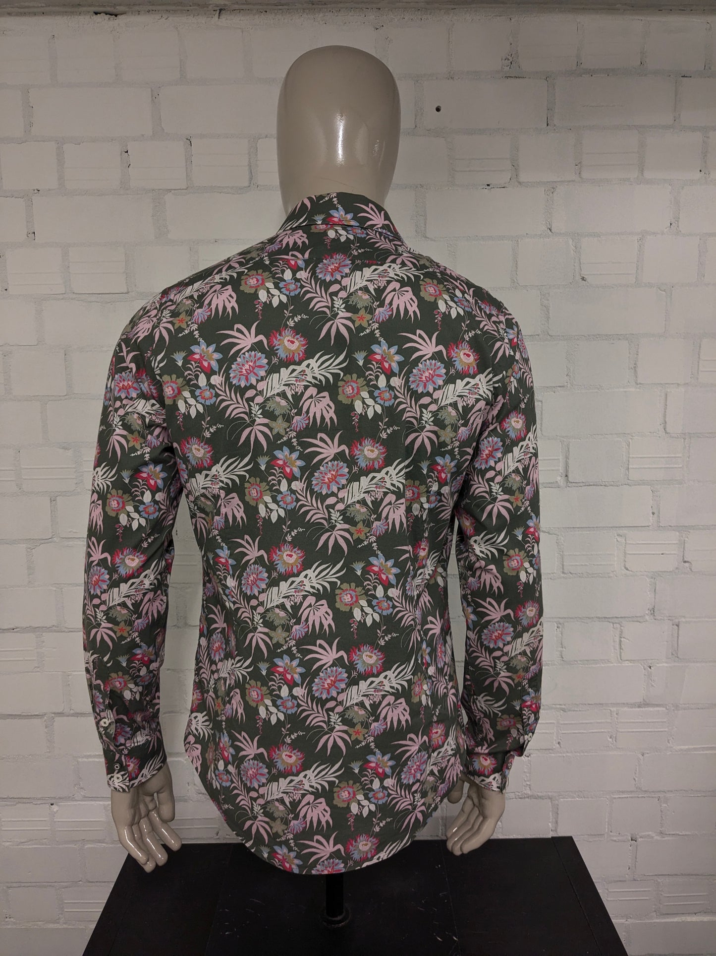 Blue Industry overhemd. Groen Roze Blauwe bloemen print. Maat L. stretch.