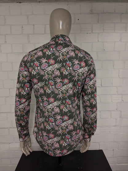 Blue Industry overhemd. Groen Roze Blauwe bloemen print. Maat L. stretch.