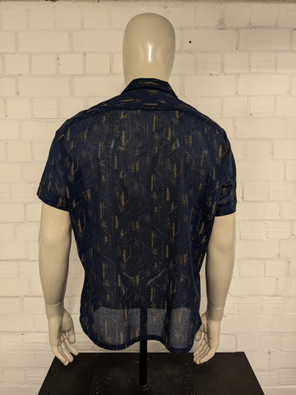 Country Club Vintage overhemd korte mouw. Blauw Groen Rode print. Maat L. licht doorschijnend.
