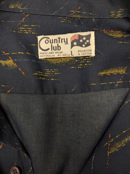 Country Club Vintage overhemd korte mouw. Blauw Groen Rode print. Maat L. licht doorschijnend.