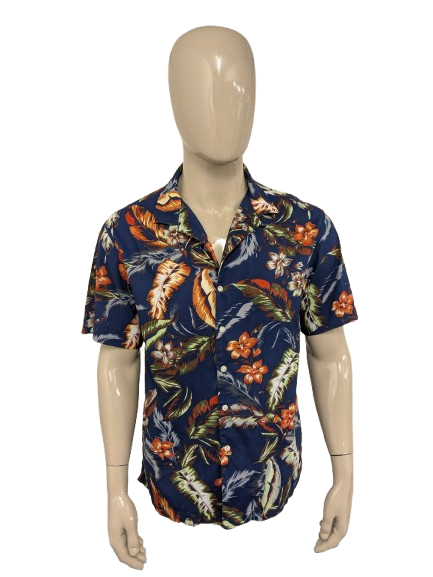 Superdry Hawaii overhemd korte mouw. gekleurde print. Maat L.