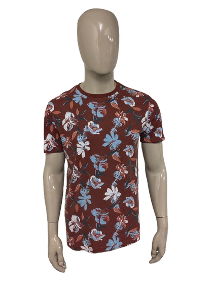 WE shirt. Bruin Blauwe bloemen print. Maat L. slim fit.