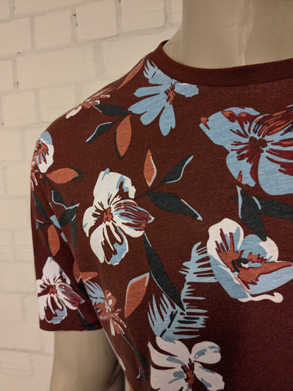 WE shirt. Bruin Blauwe bloemen print. Maat L. slim fit.