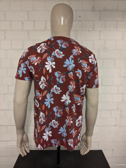 WE shirt. Bruin Blauwe bloemen print. Maat L. slim fit.