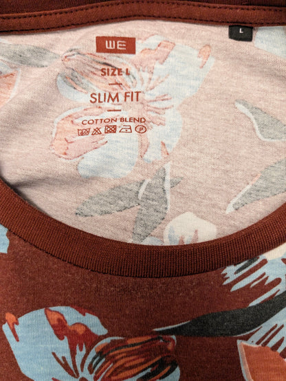 WE shirt. Bruin Blauwe bloemen print. Maat L. slim fit.