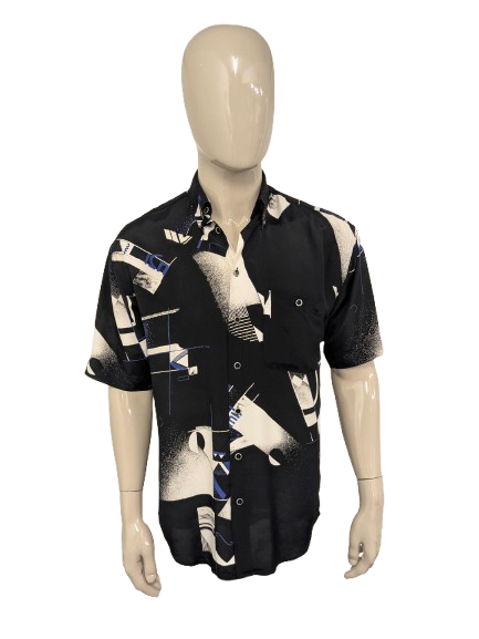 Vintage 80-90's Haupt overhemd korte mouw. Zwart Blauw Beige print. Maat L.