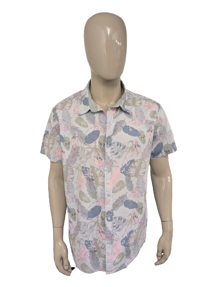 SilverCreek overhemd korte mouw. Licht Blauw Roze Groen blad motief. Maat 2XL / XXL.