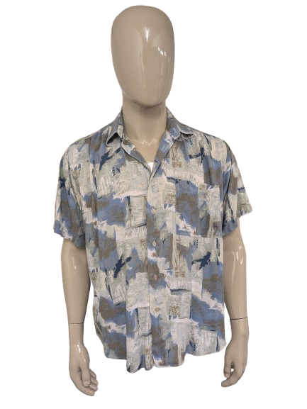 Vintage 80-90's Mayne overhemd korte mouw. Grijs Bruin Blauwe print. Maat 2XL / XXL.