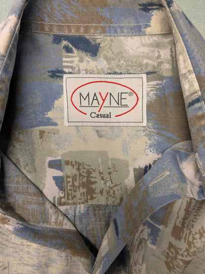 Vintage Mayne-Hemd aus den 80er-90er Jahren mit kurzen Ärmeln. Grau-braun-blauer Druck. Größe 2XL / XXL.