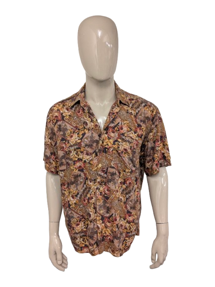 Vintage Zeppelin overhemd korte mouw. Bruin Rood Gele Bloemen print. Maat XL.