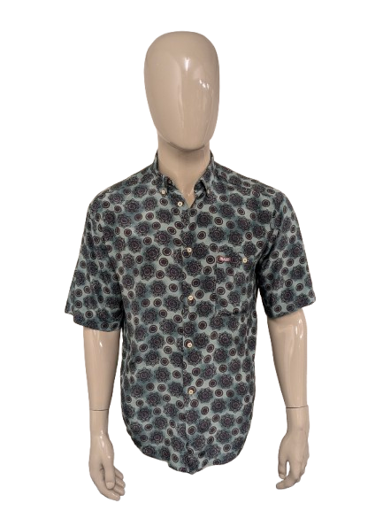 Vintage Malz & Co overhemd korte mouw. Groen Rood Blauwe print. Maat L.