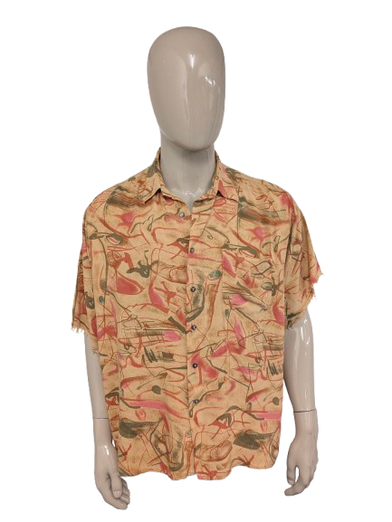 Vintage 80-90's Casual Land overhemd korte mouw. Oranje Groen Rode print. Maat 3XL / XXXL.